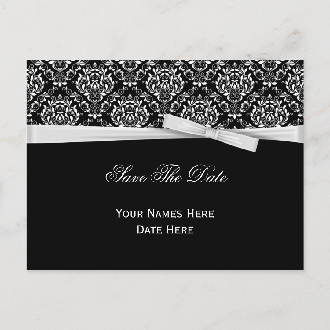 Black White Damask Silver Bow Ribbon Save The Date Announcement ...