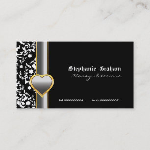 Black white damask silver grey heart business card