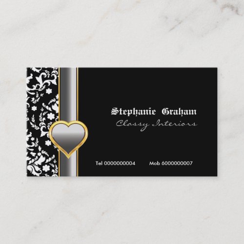 Black white damask silver grey heart business card