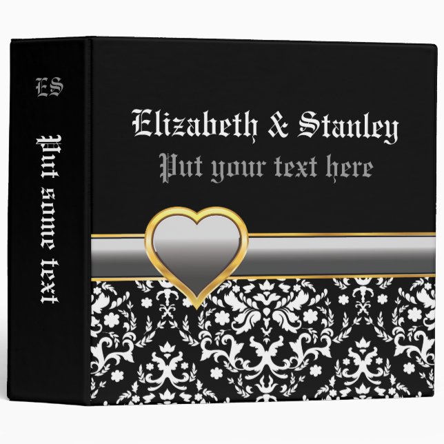 Black white damask, silver grey heart wedding binder (Front/Spine)