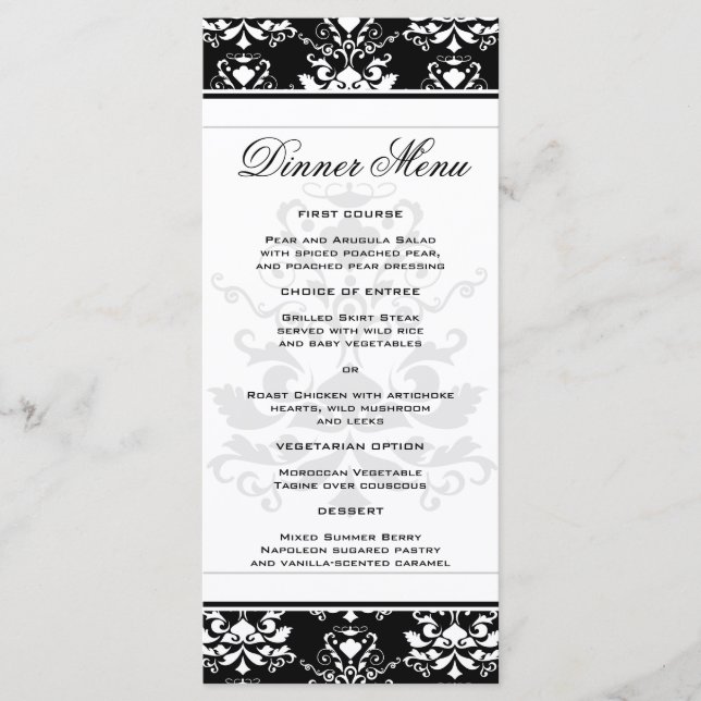 Black & White Damask Slim Dinner Menu (Front)