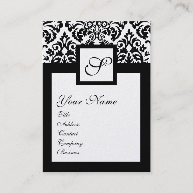 BLACK WHITE DAMASK SQUARE MONOGRAM,champagne metal Business Card (Front)