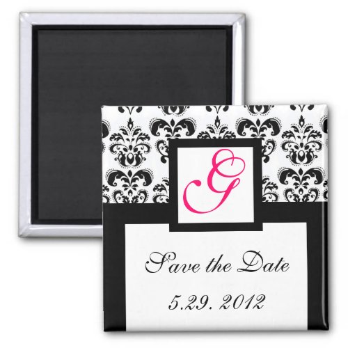 BLACK WHITE DAMASK SQUARE MONOGRAM Save the Date Magnet