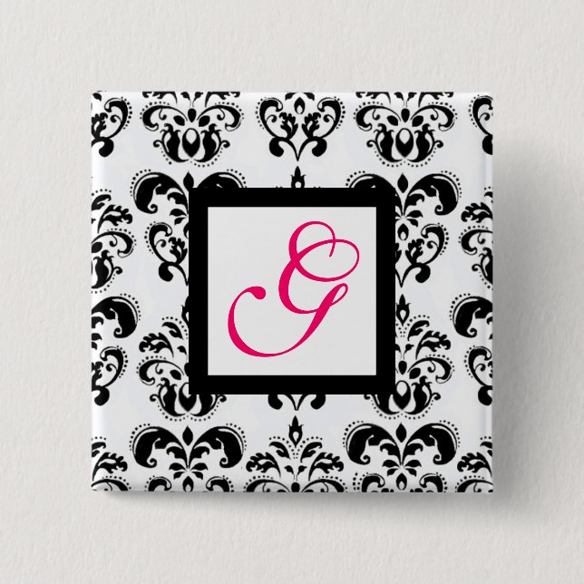BLACK WHITE DAMASK SQUARE PINK FUCHSIA MONOGRAM BUTTON (Front)