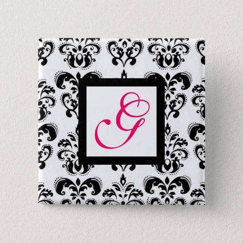 BLACK WHITE DAMASK SQUARE PINK FUCHSIA MONOGRAM BUTTON