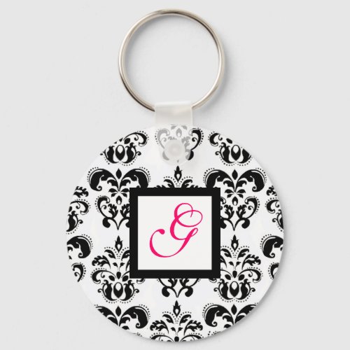 BLACK WHITE DAMASK SQUARE PINK FUCHSIA MONOGRAM KEYCHAIN