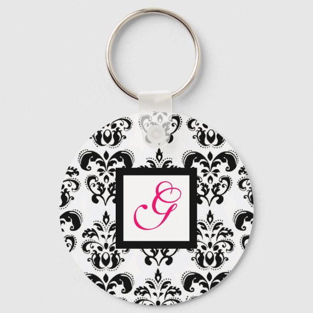 BLACK WHITE DAMASK SQUARE PINK FUCHSIA MONOGRAM KEYCHAIN (Front)