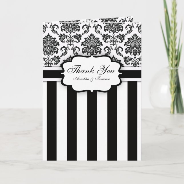 Black White Damask Stripe Wedding Thank You Card (Front)