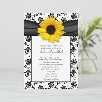 Black White Damask Sunflower Wedding Invitation | Zazzle