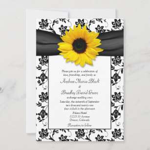 Black White Damask Sunflower Wedding Invitation