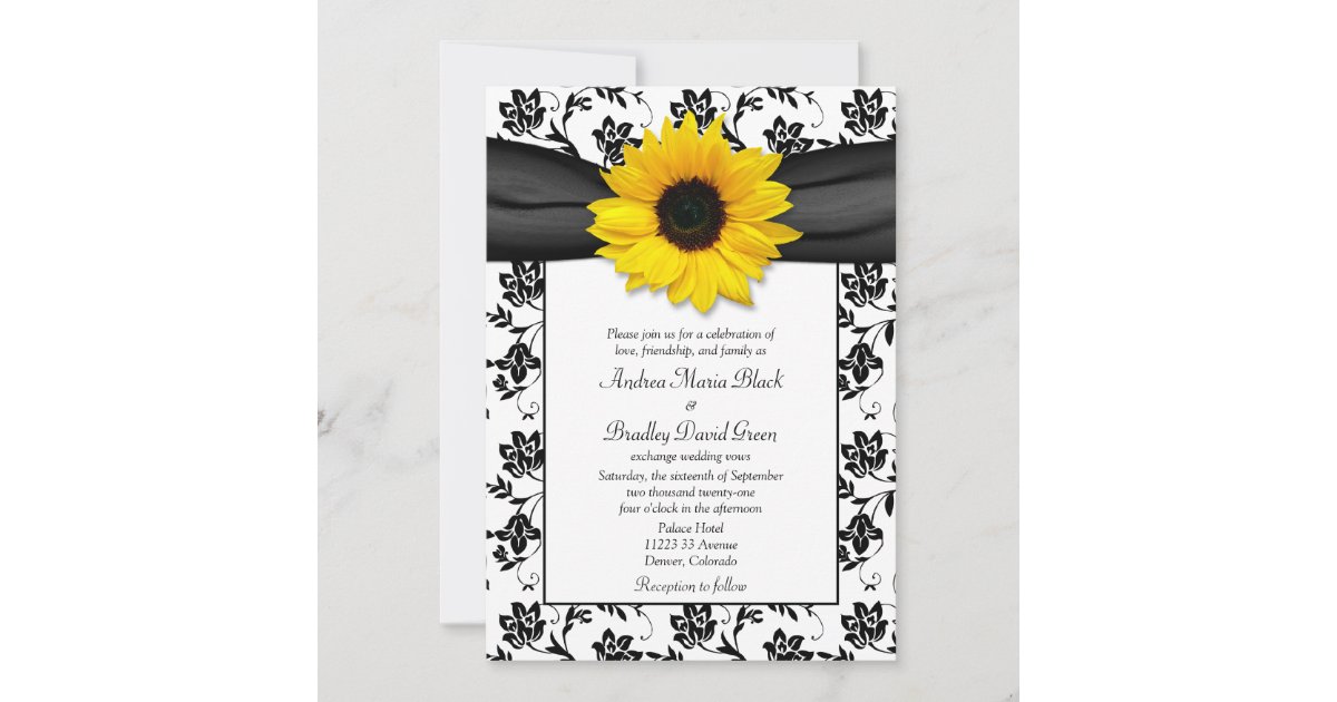 Black White Damask Sunflower Wedding Invitation | Zazzle