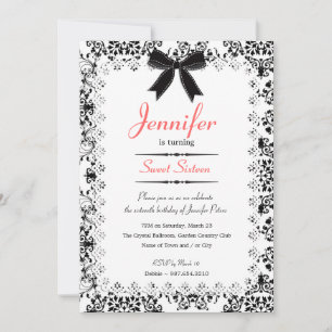 Black & White Damask Sweet 16 5x7 Invitation
