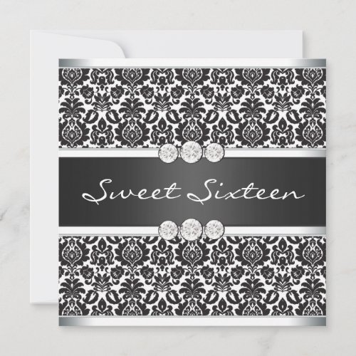 Black White Damask Sweet 16 Party Invite