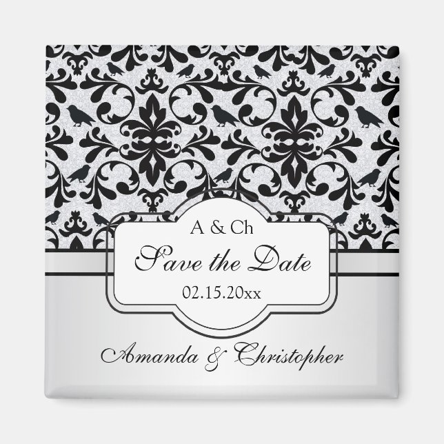 Black white Damask swirls, birds Save the Date Wed Magnet (Front)