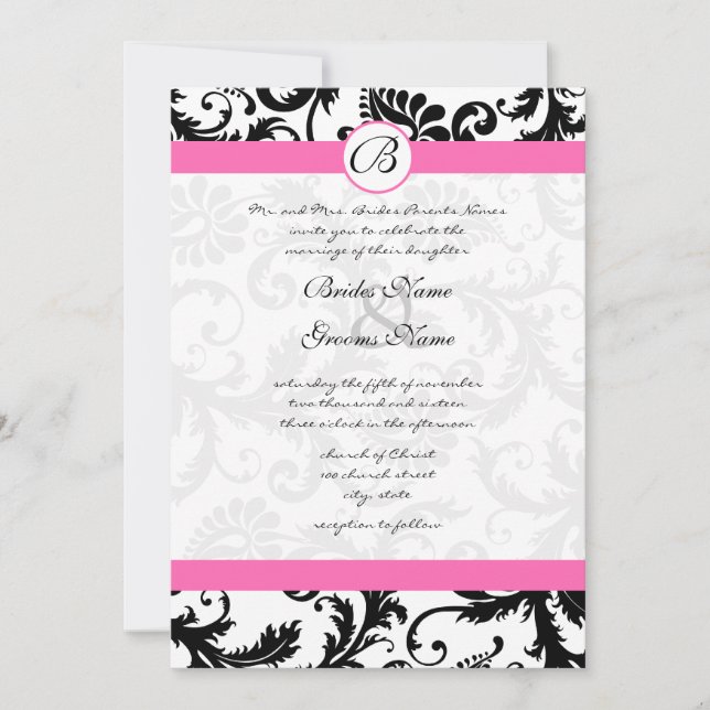 Black & White Damask Swirls Hot Pink Trim Invitation (Front)
