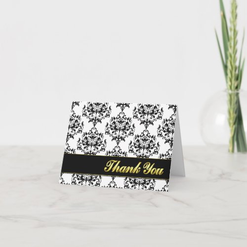 Black  White Damask Thank You Note Card