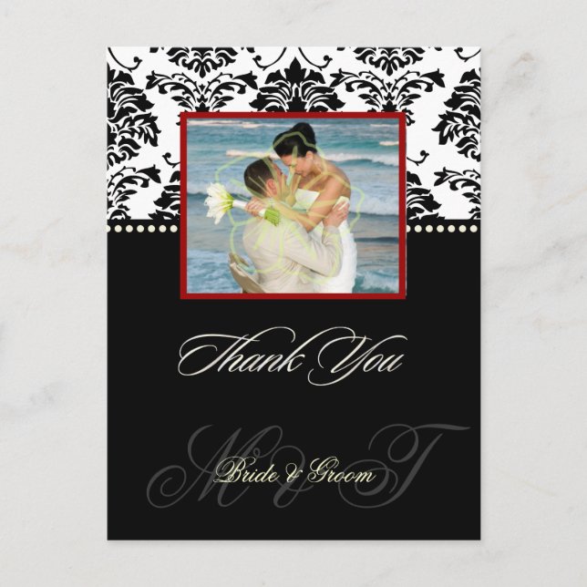 Black +  White Damask Thank You Photo postcards, Postcard (Front)