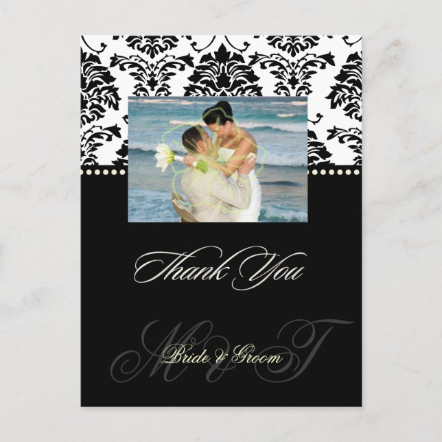 Black +  White Damask Thank You Photo postcards, Postcard (Front)
