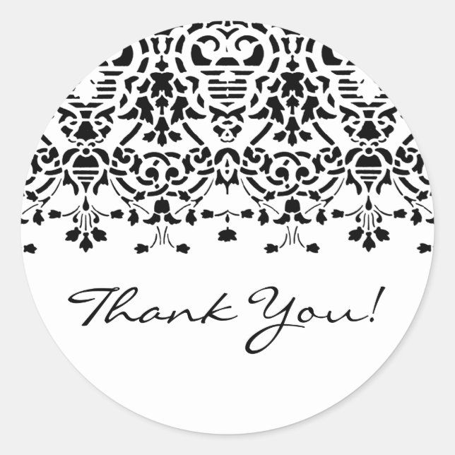 Black & White Damask Thank You Sticker (Front)