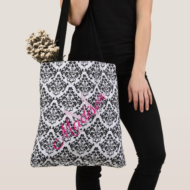 Black White Damask Trendy Cute Girly Name Monogram Tote Bag (Close Up)