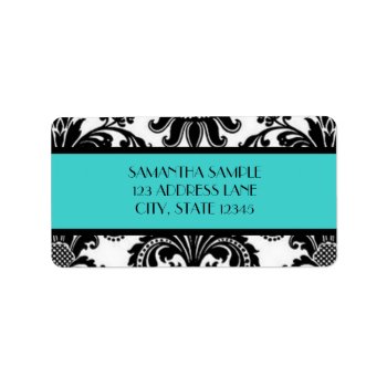 Black & White Damask  Turquoise Label by cami7669 at Zazzle
