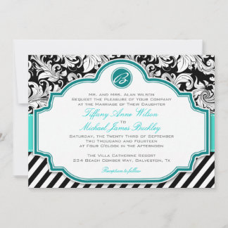 Black white damask turquoise wedding invitation