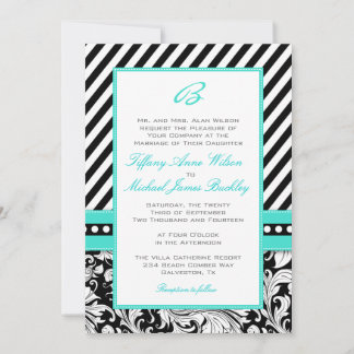 Black white damask turquoise wedding invitation