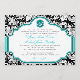 Black white damask turquoise wedding invitation