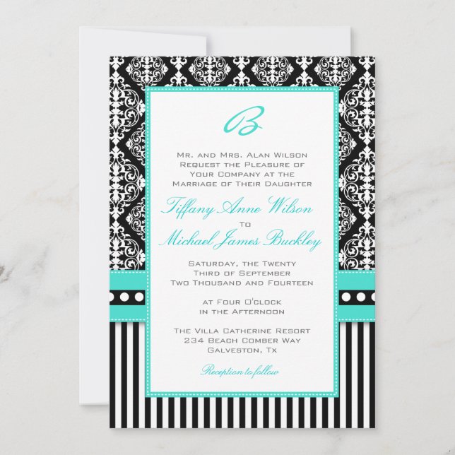 Black white damask turquoise wedding invitation (Front)