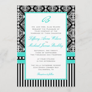Black white damask turquoise wedding invitation