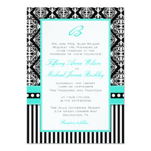 Turquoise Black Wedding Invitations Announcements Zazzle Black White Damask Turquoise Wedding Invitation