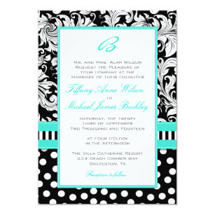 Turquoise Black Wedding Invitations Announcements Zazzle Black White Damask Turquoise Wedding Invitation