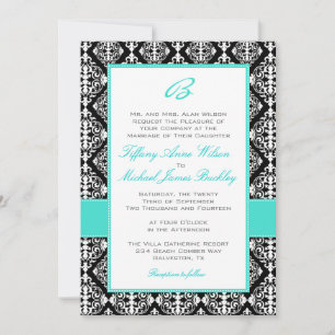 Black white damask turquoise wedding invitation