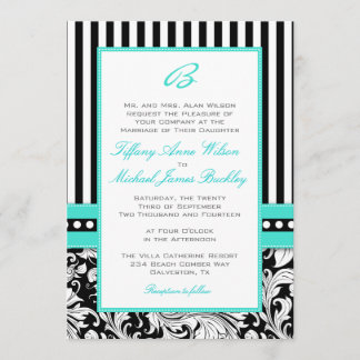 Black white damask turquoise wedding invitation