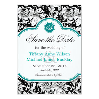Turquoise Black Wedding Invitations Announcements Zazzle Black White Damask Turquoise Wedding Save The Date Card