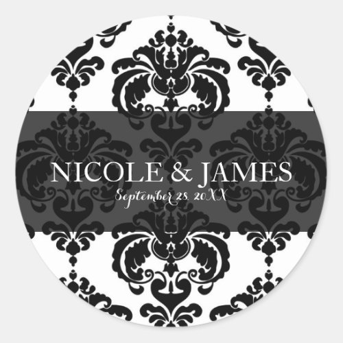 Black White Damask Vintage Wedding Event Favor Classic Round Sticker