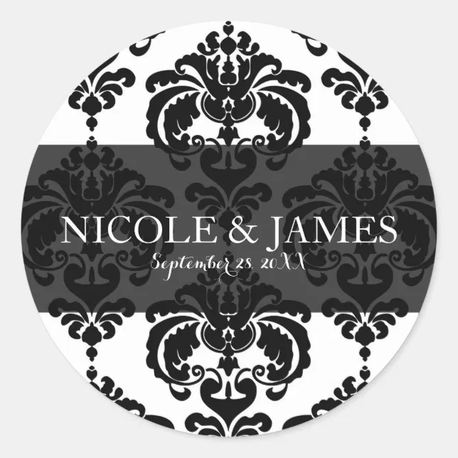 Black White Damask Vintage Wedding Event Favor Classic Round Sticker ...