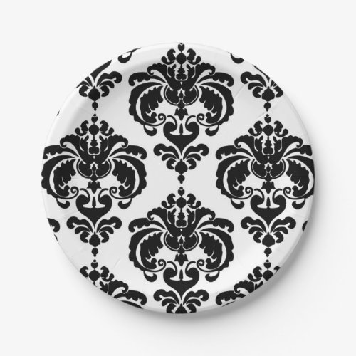 Black  White Damask Vintage Wedding Event Party Paper Plates