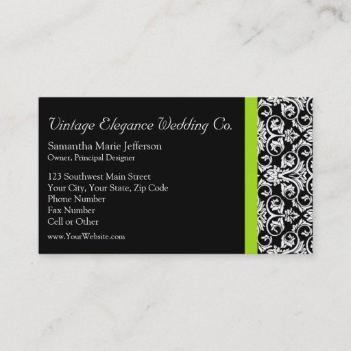 Customizable Black/White Damask w/Chartreuse Green Accent Strip Business Card