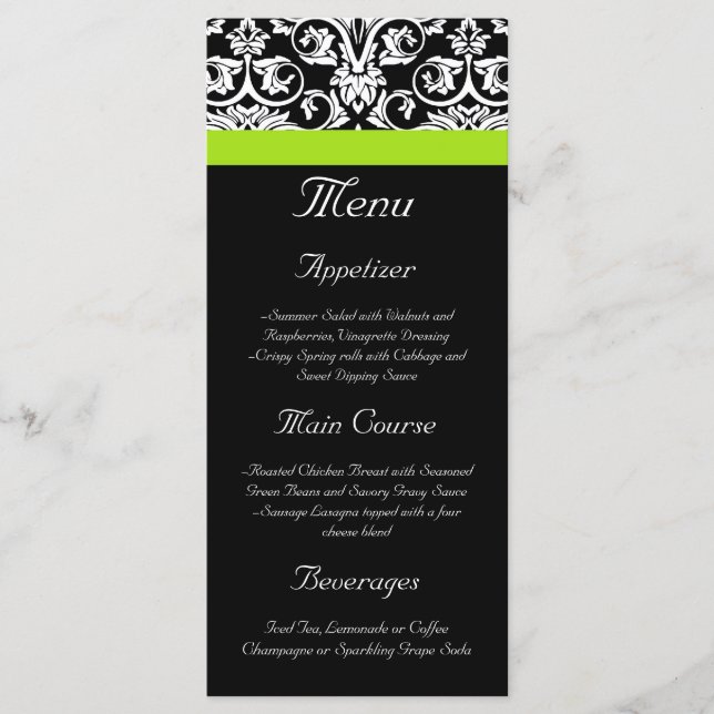Black/White Damask w/Chartreuse Green Accent Strip Menu (Front)