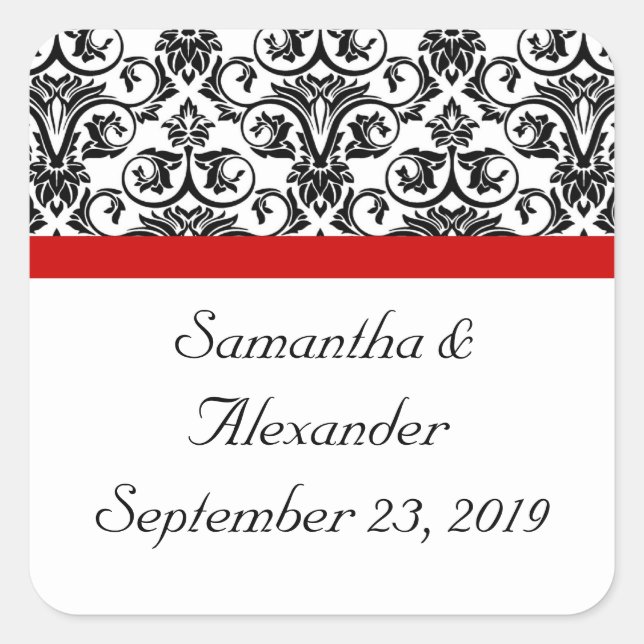 Black/White Damask w/ Ravishing Red Accent Square Sticker (Front)