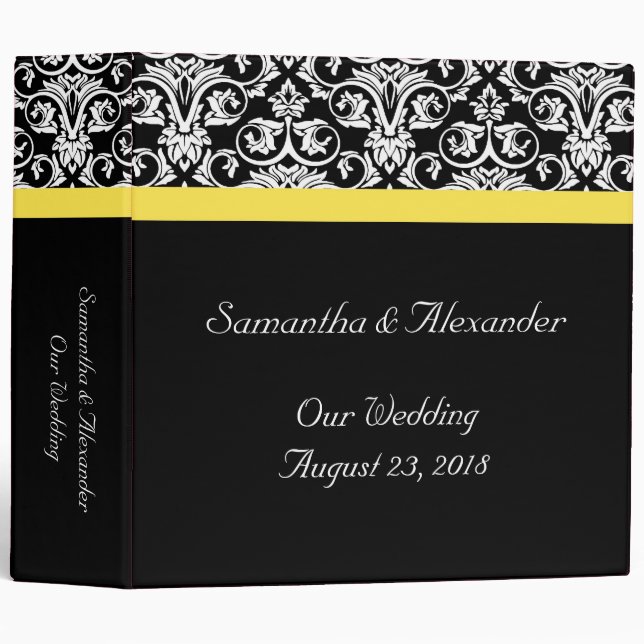 Black/White Damask w/Vibrant Yellow 3 Ring Binder (Front/Spine)