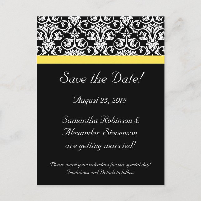 Black/White Damask w/Vibrant Yellow Announcement Postcard (Front)