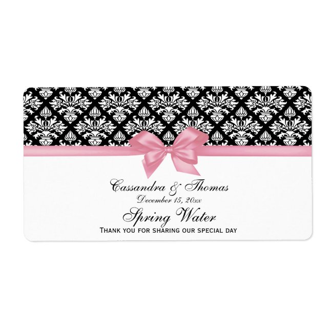 Black, White Damask Water Label Pink Bow (Front)