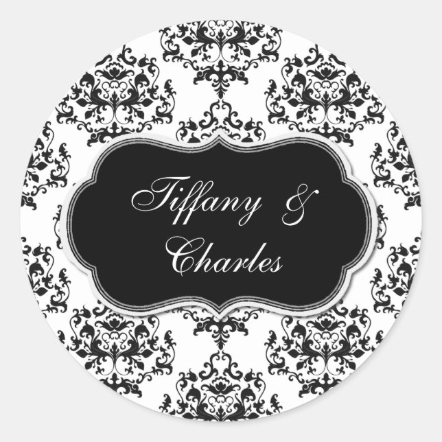 Black & White Damask Wedding Envelope Seal Sticker (Front)