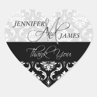 Black White Damask Wedding Favor Heart Sticker