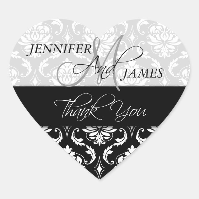 Black White Damask Wedding Favor Heart Sticker (Front)