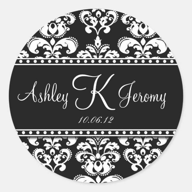 Black White Damask Wedding Favor Labels (Front)