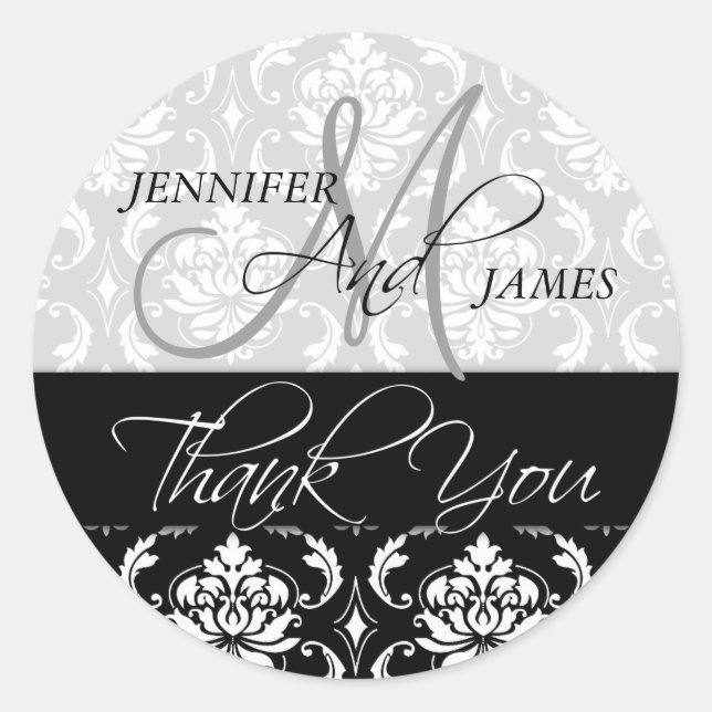 Black White Damask Wedding Favor Thank You Sticker (Front)
