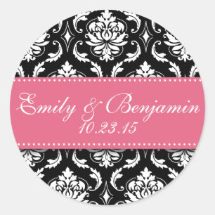 Black White Damask Wedding Favour Stickers Pink